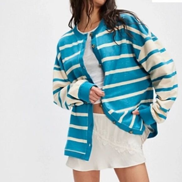 Free People We the Free Classic Striped Cardigan in Blue Combo - Picture 1 of 8